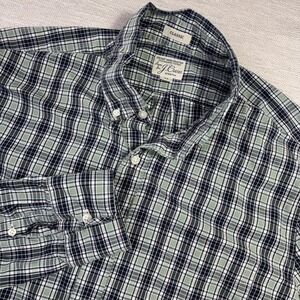 J. Crew Secret Wash Shirt Mens Medium Green Navy Plaid Organic Cotton Stretch